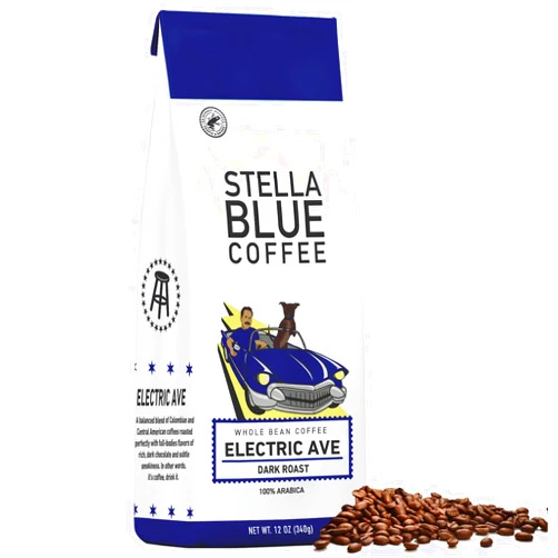 STELLA BLUE Fresh Whole Bean Coffee | Electric Avenue Blend | 100% Arabica Dark Roast | Bold and Smoky Flavor | Ethically Sourced from Central America | 12 oz Bag | Supports PAWS Chicago