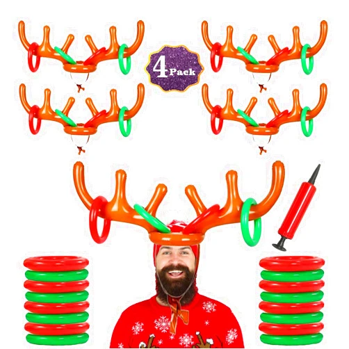 LANSKYWARE 4 Pack Inflatable Reindeer Antler Ring Toss Game (4 Antlers 16 Rings) Reindeer Antler Hat Ring Toss for Xmas Party 2023 Great Christmas Games for Families
