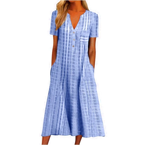 Generic Dresses for Women 2024 V Neck Button Down Maxi Dress Floral Printed Half Sleeve Dresses Pocket Casual Beach Dress