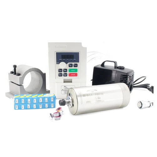 RATTMMOTOR 1.5KW Water Cooled Spindle Motor Kit 110V CNC Spindle Motor 80mm+VFD Drive Inverter Single to 3 Phase+80mm Spindle Mount+80W Water Pump with Pipe+14pcs ER11 Collet for CNC Machine