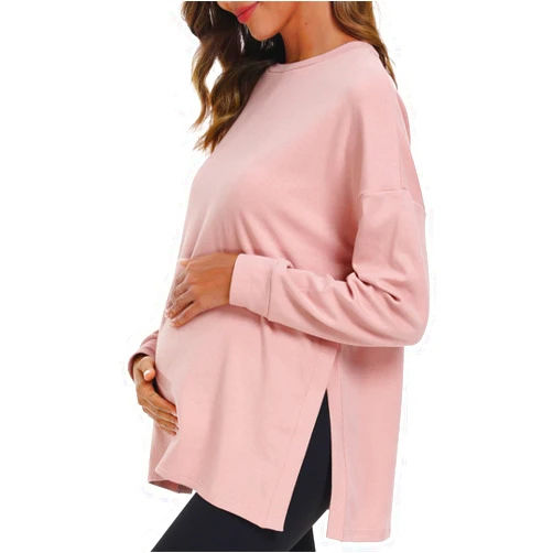 Ecavus Women's Casual Maternity Shirts Long Sleeve Soft and Comfy Pregnancy Tee Tops Side Split Maternity Clothes