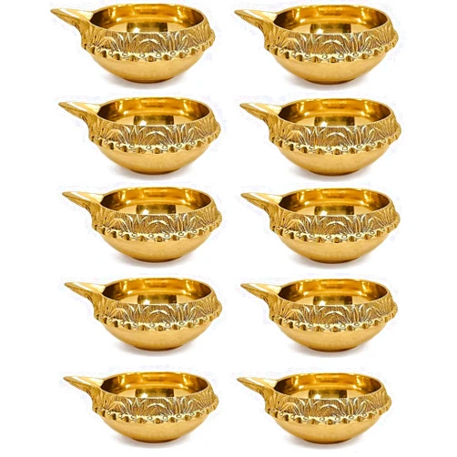CRAFTSMAN SATVIK 10 pc Indian Pooja Kuber Diya for Diwali Decoration. Handmade Oil Lamp with Golden Engraved Made of Brass Metal. Vilakku for Puja Pooja. Traditional Indian Deepawali Housewarming Gift Items