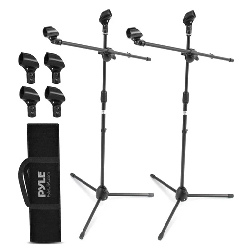 Pyle Universal Adjustable Tripod Microphone Stand - Pair of Heavy Duty Lightweight Professional Compact Extendable Stage Studio Floor Standing Boom Mic Holder w/ Carry Bag, 5/8