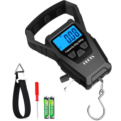 HEETA Waterproof Fish Scale Digital with Backlit LCD Display, 110lb/50kg Portable Hanging Scale Fishing Scale for Home and Outdoor, Measuring Tape and 2 AAA Batteries Included