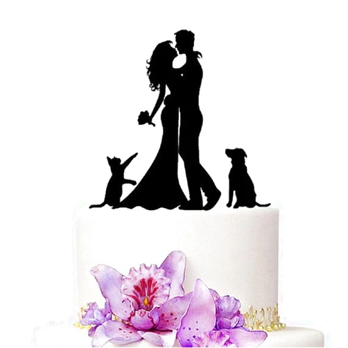 YAMI COCU Wedding Cake Toppers Bride and Groom With Cat And Dog Animal Black Color Acrylic Silhouette Wedding Party Engagement Decoration