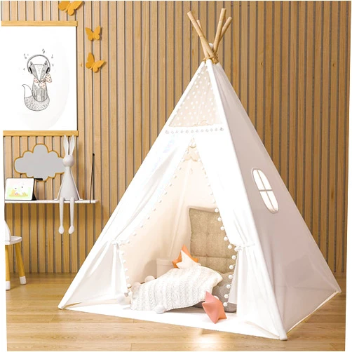 Gamenote Teepee Tent for Kids Indoor Tents with Mat, Inner Pocket, Unique Reinforcement Part - Foldable Kids Play Tent Canvas Tipi Childrens Tents for Girls & Boys (White)
