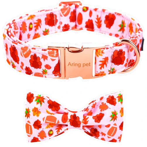 ARING PET Fall Dog Collar Bowtie, Cute Thanksgiving Turkey Dog Collar with Bow, Cotton Maple Leaf Rugby Dog Collar with Metal Buckle for Small Medium Large Dogs and Cats