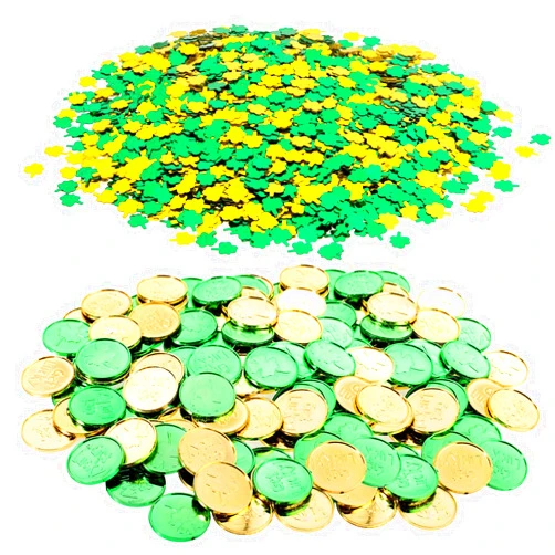 Whaline St. Patrick's Day Table Decorations, 100 Pieces Green and Gold Clover Get Lucky Plastic Coins and 60g Confetti Shamrock, for St. Patrick's Day Party Decorations Favors