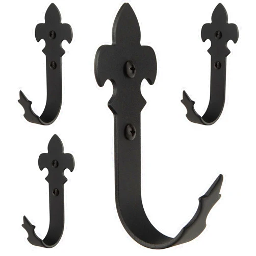 KOXHERO Wrought Iron Hooks Black Decorative Wall Coat Hook Large Garage Storage Utility Heavy Duty Hook Hanging Clothes Hat Bag Robe Key for Bedroom Bathrooms Entryway Pack of 4