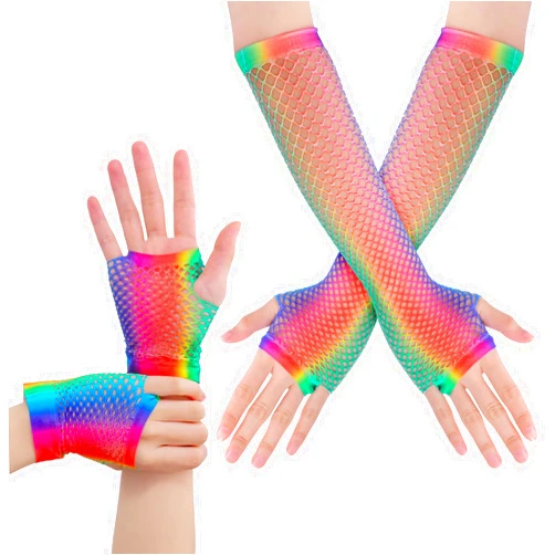 Yolev 2 Pairs Fingerless Fishnet Gloves Rainbow Mesh Fishnet Gloves 80s 90s Party Cosplay Costume Accessories for Women