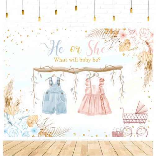 Withu Boho Gender Reveal Backdrop for Photography He Or She Blue Pink Cute Clothes Floral Flowers Boy or Girl Baby Shower Party Background Decorations Banner 6x4ft