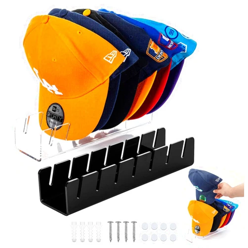 KHKJROS 2Pcs Hat Stand for Baseball Caps,No Install Acrylic Hat Organizer, Hat Rack for 14 Caps, hat organizer for baseball caps,Display and Organizer for Bedroom, Closet,Dresser and Walls(Black+Transparent)