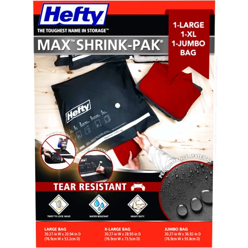 Hefty MAX Shrink-Pak Vacuum Storage Bags Combo Pack – Max Strength Tear-Proof Bags For Clothes, Pillows, Towels, Blankets & More – Space Saver Suction Sealer Bags for Home– 1 Large, 1 XL, 1 Jumbo