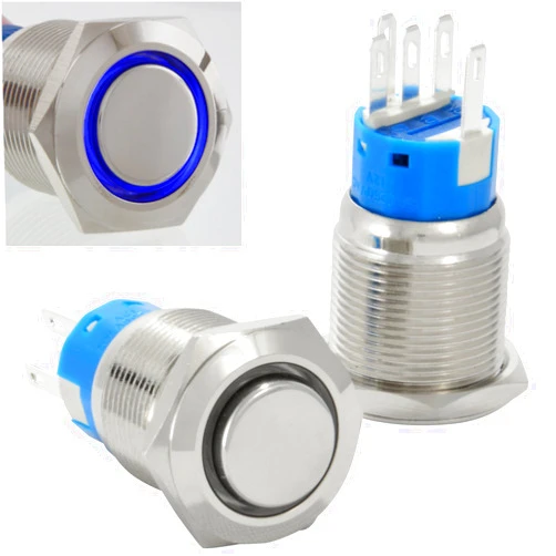 JacobsParts Latching Pushbutton ON/OFF Maintained Power Switch Circular Metal Silver with Blue LED fits 3/4