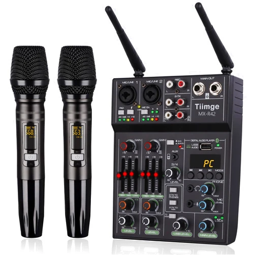 Tiimge Professional Audio Mixer With Dual Wireless Microphone, Sound Board Console System Interface 4 Channel Dj Mixer USB Bluetooth MP3 Computer Input 48V Phantom Power, Suitable for DJ Karaoke PC Guitar