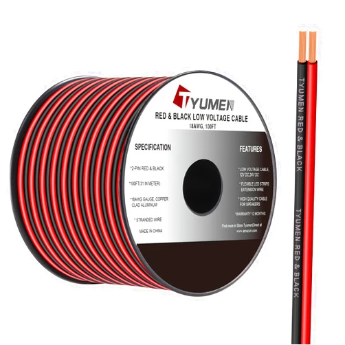 Tyumen 18 Gauge Wire 100FT, 18/2 AWG Red Black Hookup Electrical Wire LED Strips Extension Cord 12V/24V DC Cable, 18AWG 2 Conductors Flexible Wire for LED Ribbon Lamp Tape Lighting
