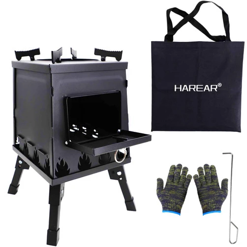 HAREAR Wood Burning Camp Stove, Folding Cast Iron Camping Wood Stove with Carrying Case Portable for Backpacking Outdoor Cooking BBQ, Black, Small