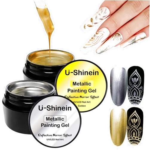 U-Shinein 2x8ml Metallic Painting Gel, Silver and Golden Painted Gel Nail Polish, 3D Metal Painting Gel Drawing Mirror Nail Gel Polish Glossy French Acrylic Nail Painting Soak Off UV/LED DIY Nail Art