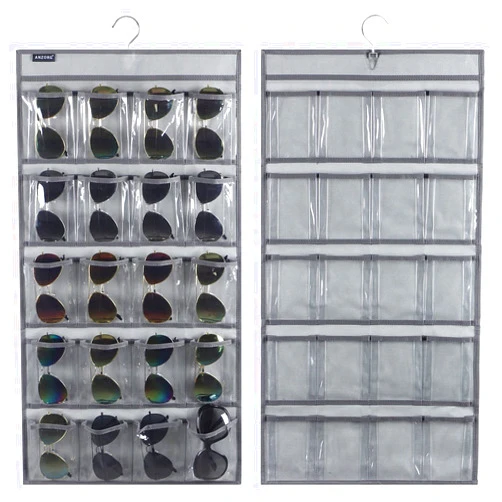 ANZORG Over the Door Hanging Sunglasses Organizer Storage Sunglass Rack Holder Eyewear Display Case with 16 Clear Pockets