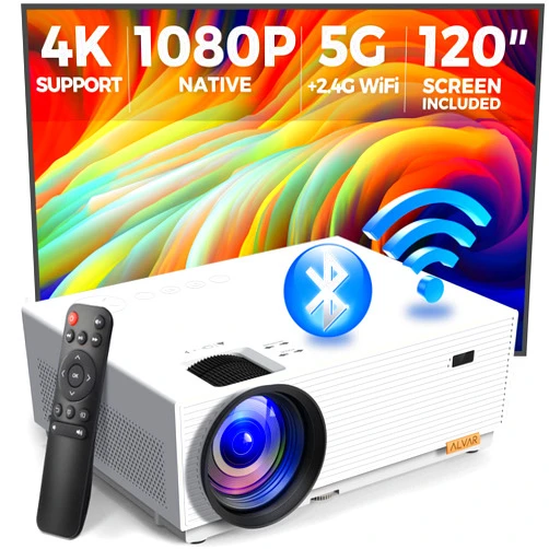 Alvar Mini Projector with 5G WiFi and Bluetooth, ALVAR 15000L 450 ANSI Native 1080P Portable Projector 4K Support, Outdoor Movie Projector with 120