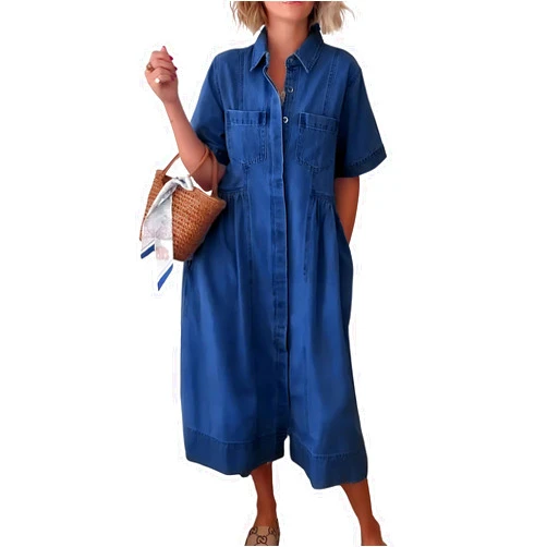 chouyatou Women Spring Summer Short Sleeve Denim Shirt Dress Midi Long Western Business Casual Jean Dress