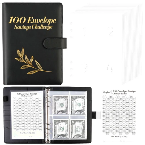 SKYDUE 100 Envelopes Money Saving Challenge Binder, Savings Challenges Book with Cash Envelopes, Budget Binder with Double Side Laminated Tracker, Easy and Fun Way to Save $5050, 10000, Black-Leaf