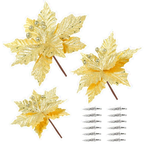 TOYANDONA 12pcs Christmas Poinsettia Flowers, 3 Size Artificial Poinsettia Flowers Glitter Gold Christmas Tree Ornaments with Clips for Christmas Wreath Party Decorations