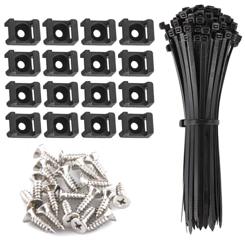 Delicoco 100 Cable Tie Mounts - Saddle Type, Self-Locking Zip Ties (203.2 x 3.3mm) & Deep Thread Pan Head Screws (100 Pieces, BLACK)