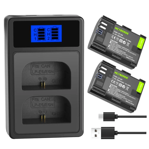 MCYIERDE 2 Pack LP-E6 LP-E6N Batteries with Dual USB Charger Compatible with Canon EOS 60D 70D 80D 90D 5D Mark II III IV 5DS 6D R R5 C700 XC10 XC15