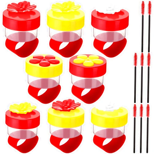 Tioncy Hand Held Hummingbird Ring Feeders, 8 Pcs Mini Hummingbird Hand Feeder with 8pcs Cleaning Brush, Wild Bird Feeders Tools for Outdoors Supplies
