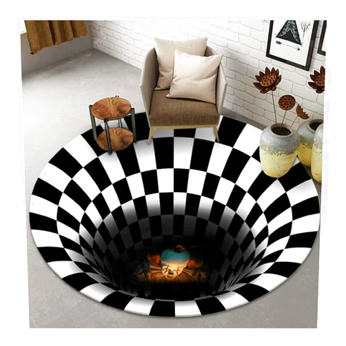 Spangmaoile Halloween Door Mat, 3D Vortex Optical Illusion Rug Round Carpet Clown Doormat for Lvining Bedroom, Black White Plaid Round Rugs (60cm, Clown)