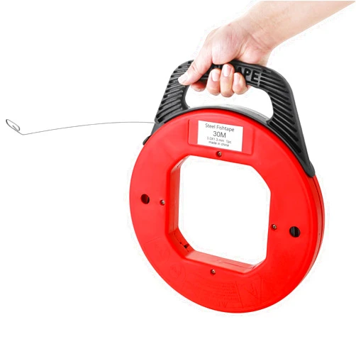 AMGSH 100 Feet Steel Fish Tape with Red Plastic Housing – Heavy Duty, Rust-Free, Retractable Wire Fish Tape Reel for Conduit, Drywall, and Insulated Walls