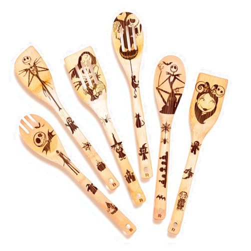 Riveira 6-Piece Wooden Spoons For Cooking & Serving - Nightmare Before Christmas Kitchen Cooking Utensils Set - Gothic Kitchen Cook Set - Nightmare Before Christmas Halloween Decorations