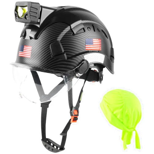 GREEN DEVIL Safety Hard Hat with Rechargeable Headlamp Light and Helmet Liner Chin Strap Men Vented Work Hardhats ANSI Z89.1 Approved Cascos de Construccion Ideal for Industrial Construction Forestry