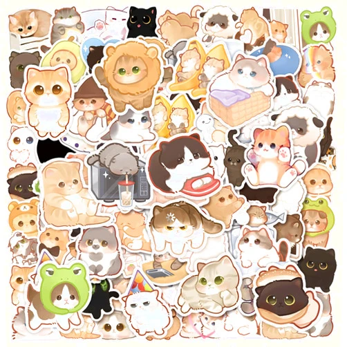 Baslaky 100PCS Cute Cat Stickers for Kids Girls Teen Adults, Waterproof Cartoon Kawaii cat Stickers for Water Bottle, Laptop, Luggage,Scrapbook,Party Decoration Aesthetic Vinyl Stickers, Birthday Gifts