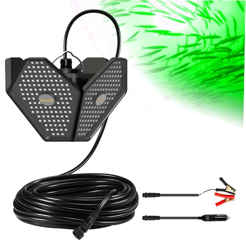 Goldlife 12V Foldable Underwater Fishing Light with 50FT Cable, 400W 40000LM Brightness Green LED Submersible Light Attractants for Docks/Boats/Kayaks, IP69K Rated for Fresh & Salt Water