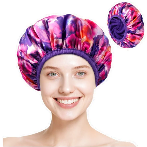 CHFONG Upgraded Waterproof Terry Shower Caps, Reusable Shower Cap for Women with Long Hair, Soft Absorbent Hair-Protecting Towel Lining Bath Cap, Large Leak-Proof Hair Cap with Fashionable Print Outer-Purple