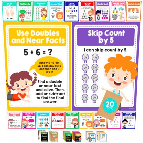 Decorably Kindergarten Math Posters for Classroom - 20 Math Charts for 1st Grade, 11x14in Math Decorations for Classroom, School, First Grade Math Posters for Elementary, Math Strategies Poster