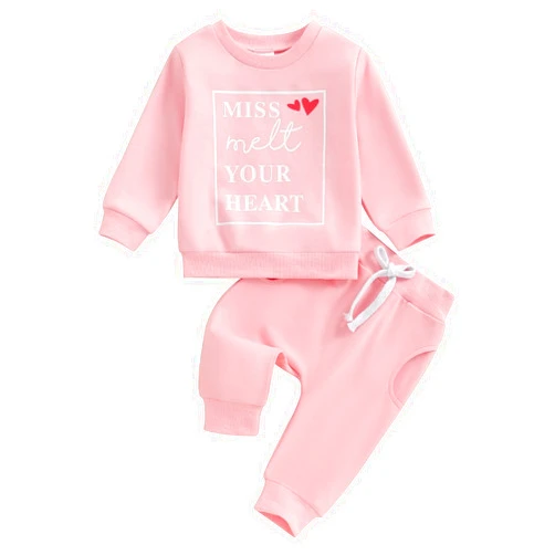 BeQeuewll Baby Girl Valentines Day Outfit Long Sleeve Heart Print Sweatshirt Jogger Pants 2Pcs Baby Girls Valentine Clothes