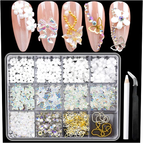 VOTACOS 3D Nail Charms and Nail Gems Set, Butterfly Nail Charms White Aurora Nail Bows and Bears 3D Flowers for Nails with Rhinestones Nail Pearls for Nail Art DIY Decorations with Pickup Tools