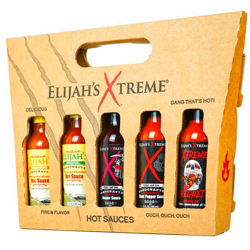 Elijah's Xtreme Hot Sauce Gift Sets - 5 Pack Award Winning Hot Sauce Sampler Includes Mango Habanero Sauce, Roasted Jalapeno Cayenne Pepper Sauce, Sweet Reaper Sauce, Ghost Pepper Hot Sauce, & Super Hot Xtreme Regret Carolina Reaper Hot Sauce