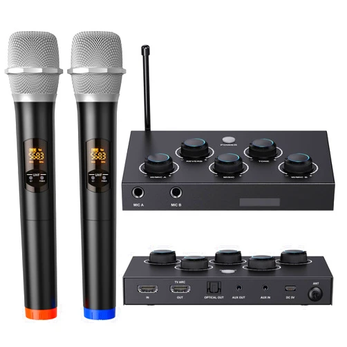 Rybozen DIGITNOW!Portable Karaoke Microphone Mixer System Set, with Dual UHF Wireless Mic, HDMI-ARC/Optical/AUX & HDMI In/Out in Singing Receiver for Smart TV, PC, KTV, Home Theater, Amplifier, Speaker