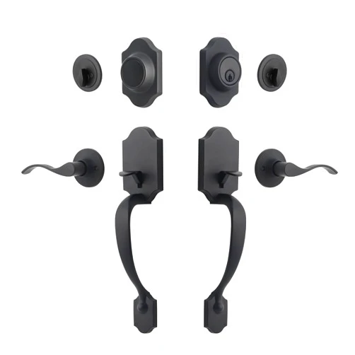 Natsukage Front Door Handle Set Heavy Duty Double Door Lock Set Matte Black Double Door Handle Sets with Dummy, with Single Cylinder Deadbolt and Door Lever, Reversible for Right & Left Handed Doors