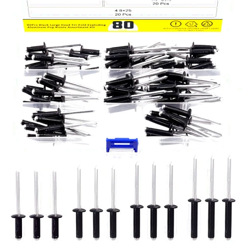 Mardatt 80 Pcs Flange Aluminum Blind Rivet Assortment Set, Black Large Head Tri-Fold Exploding Aluminum Pop Rivets for Sheet Metal, Automotive and Furniture -3/16