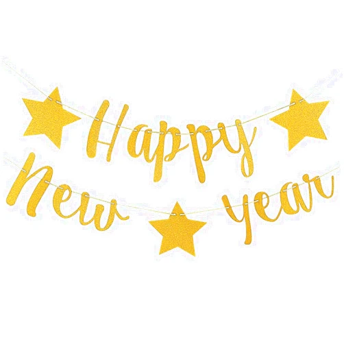 Cadpkler Happy New Year Banner - Golden Glitter Happy New Year Banner with Stars - Sparkling Happy New Year Banner New Year Decoration Supplies