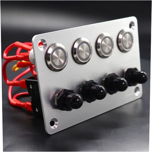 AMOMD Oxidation-Resistant Aluminium 4 Gang ON-Off Ignition Push Button Switch Panel with Reset Circuit Breakers Quick Connect Terminals for Yacht RV Boat Truck Marine
