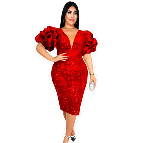Oneastern Exclusive Women Plus Size Evening Gown Dress Green/Red V-Neck Puff Sleeve Sequin Large Size Party Dress
