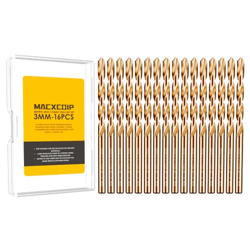 MACXCOIP Metric 16Pcs M35 Cobalt Drill Bit Set, 3mm HSS Cobalt Jobber Drill Bits, for Hardened Metals, Stainless Steel, Cast Iron and Wooden Plastics