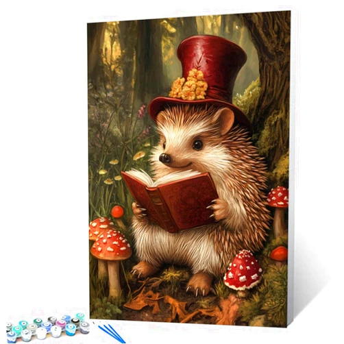 Aihonmin Hedgehog Mushrooms DIY Paint by Numbers for Adults Animals Reading Book Paint by Number Kit on Canvas with Brushes and Pigment for Beginners Home Wall Decor Gifts 16