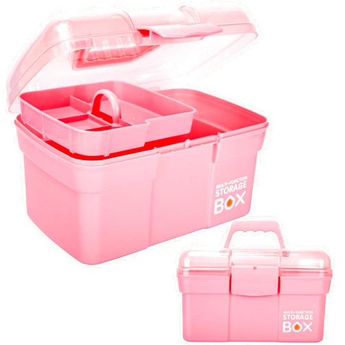 TERGOO 11in Mutipurpose Storage Box Organizer with Removable Tray, Portable Small Craft Box with Handle, Plastic Clear Tool Box Art Case for Makeup, Sewing, Nail, Hair Accessories (Pink)